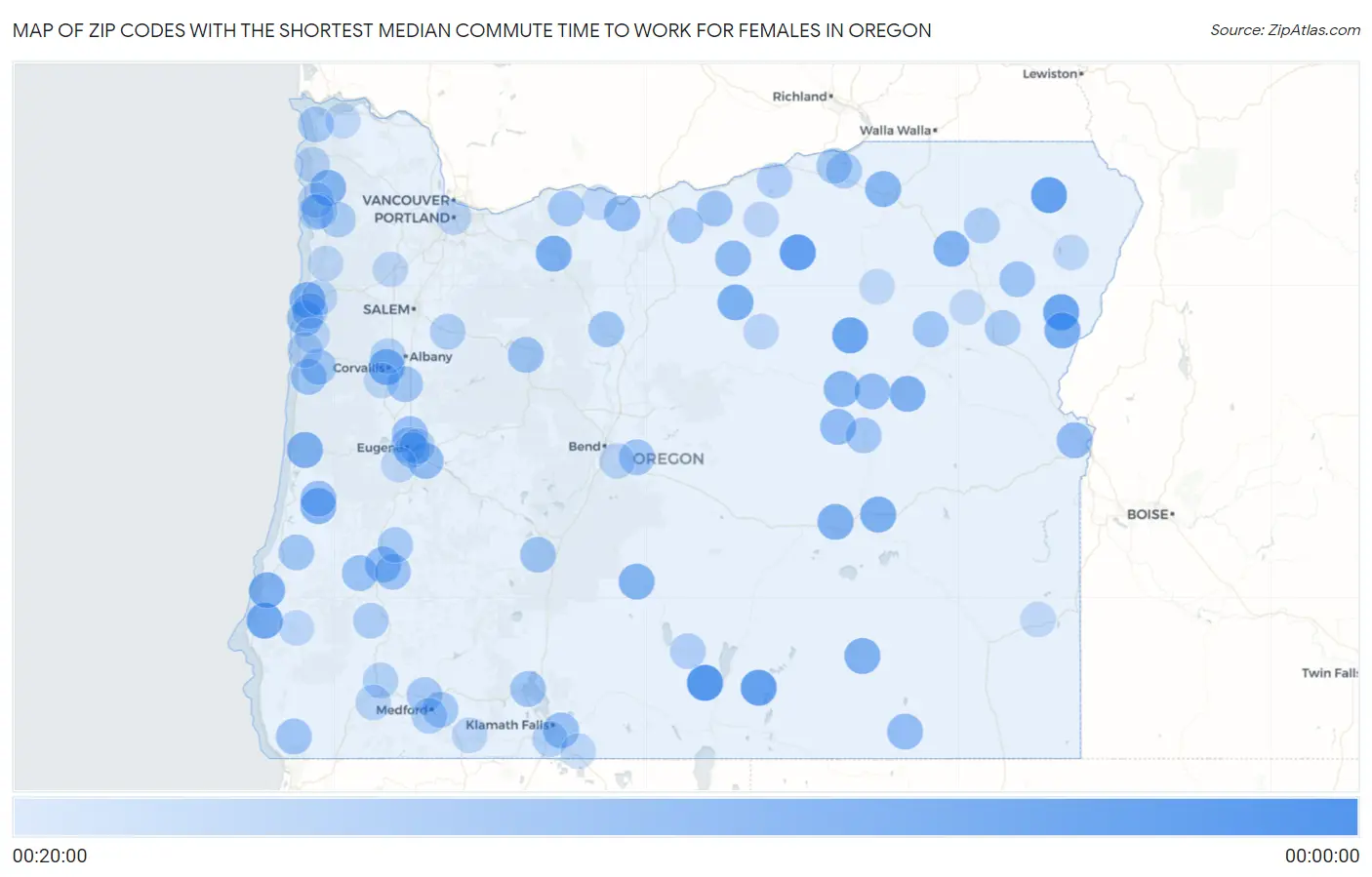 Zip Codes with the Shortest Median Commute Time to Work for Females in Oregon Map