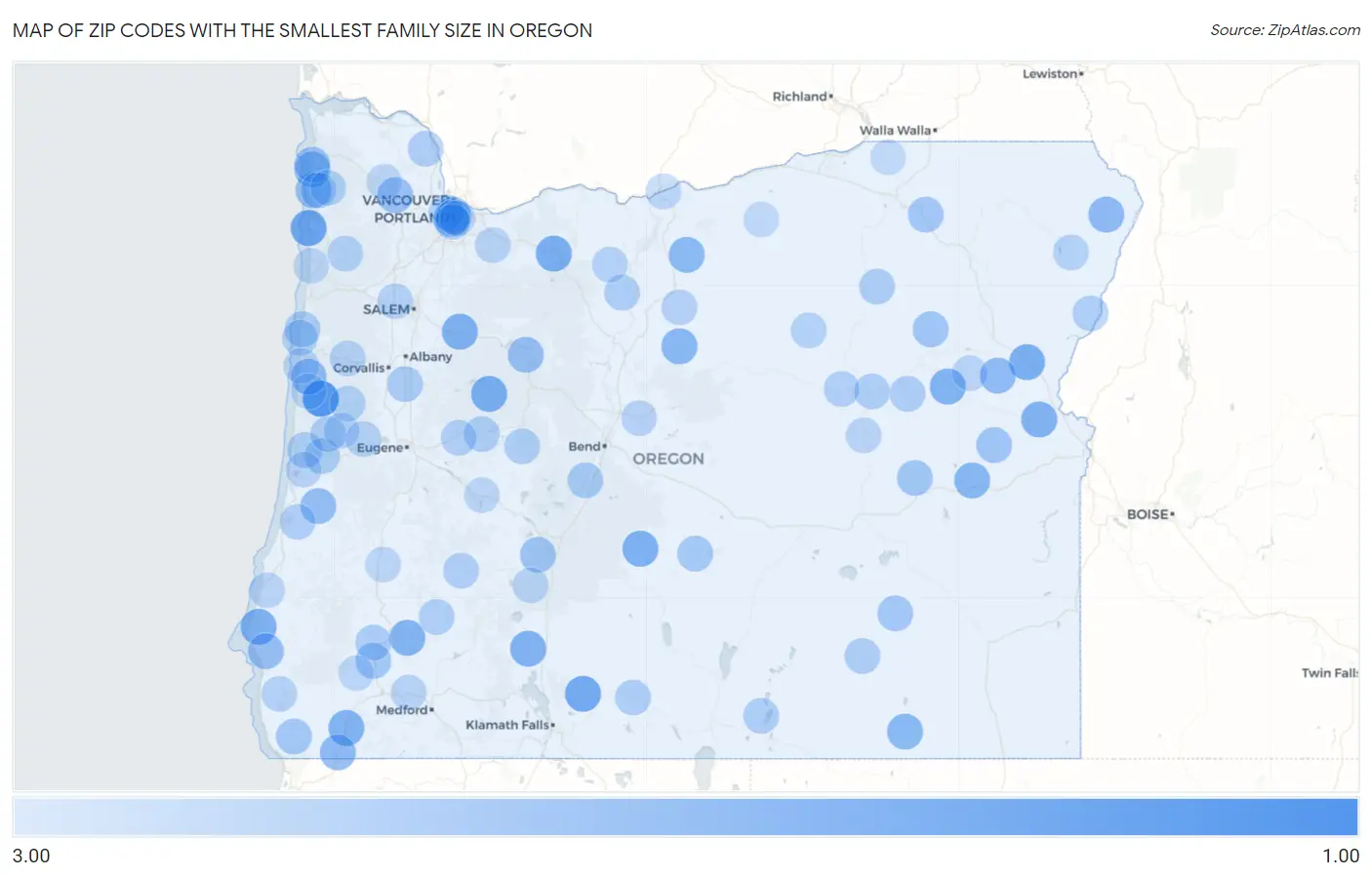 Zip Codes with the Smallest Family Size in Oregon Map