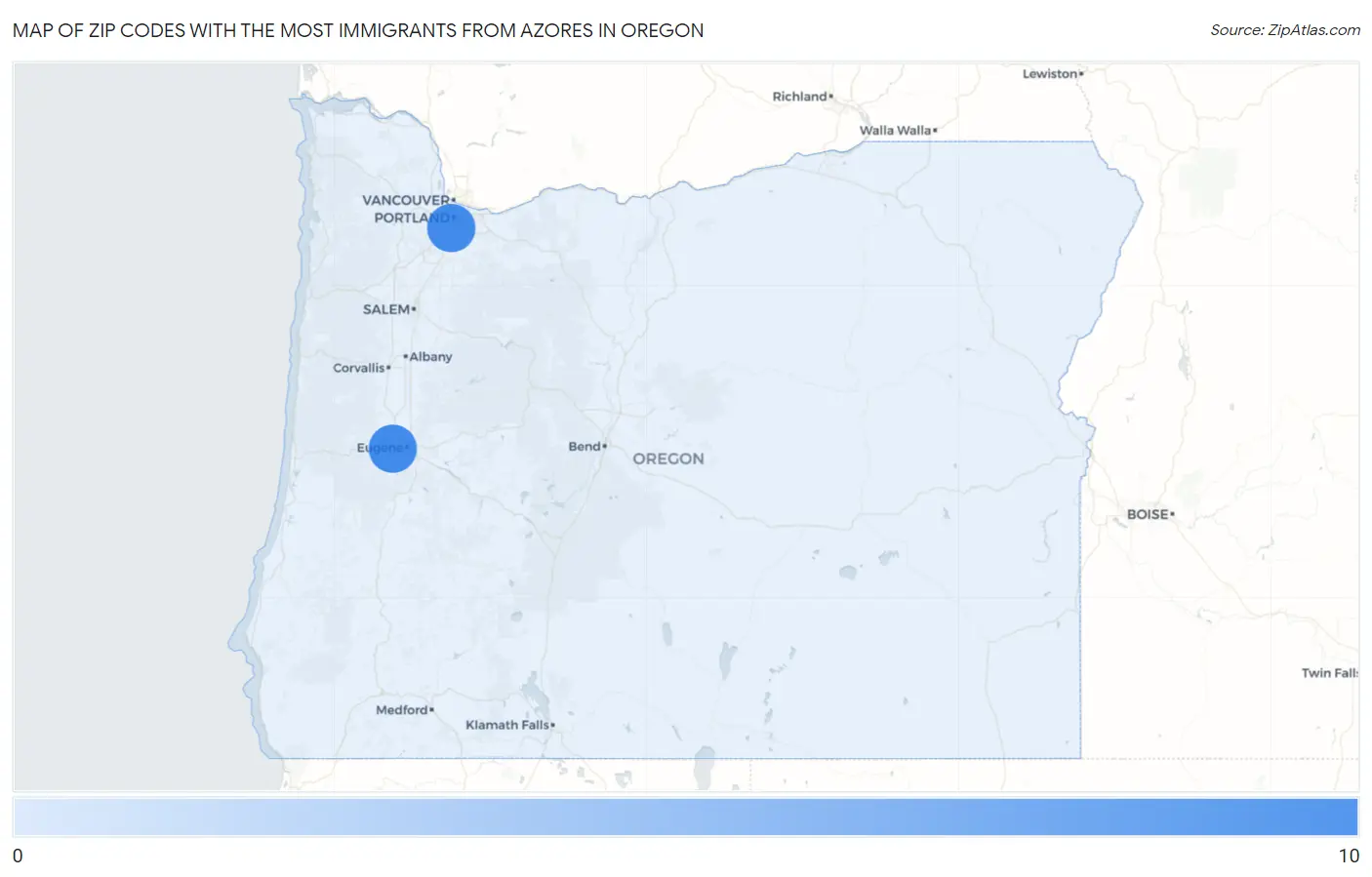 Zip Codes with the Most Immigrants from Azores in Oregon Map