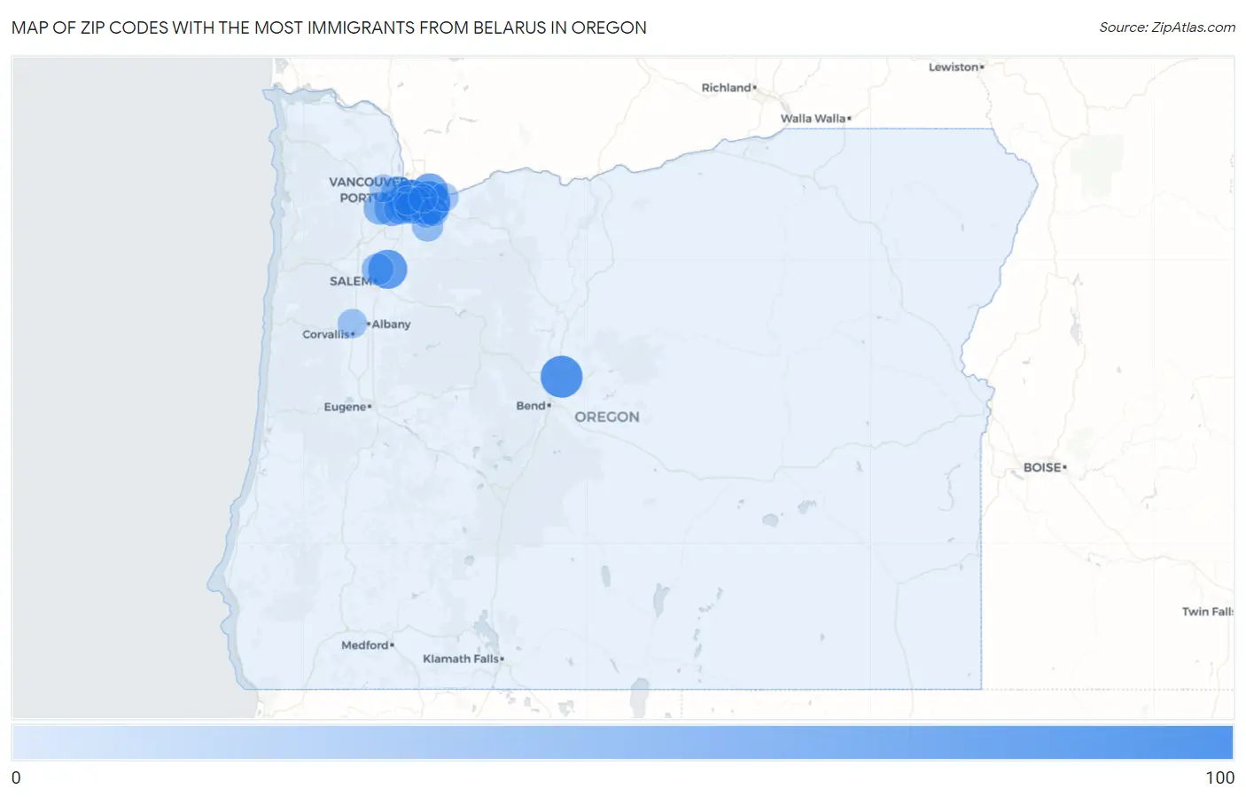 Zip Codes with the Most Immigrants from Belarus in Oregon Map