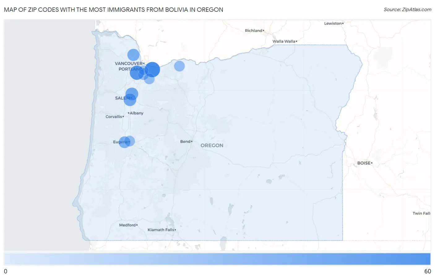 Zip Codes with the Most Immigrants from Bolivia in Oregon Map