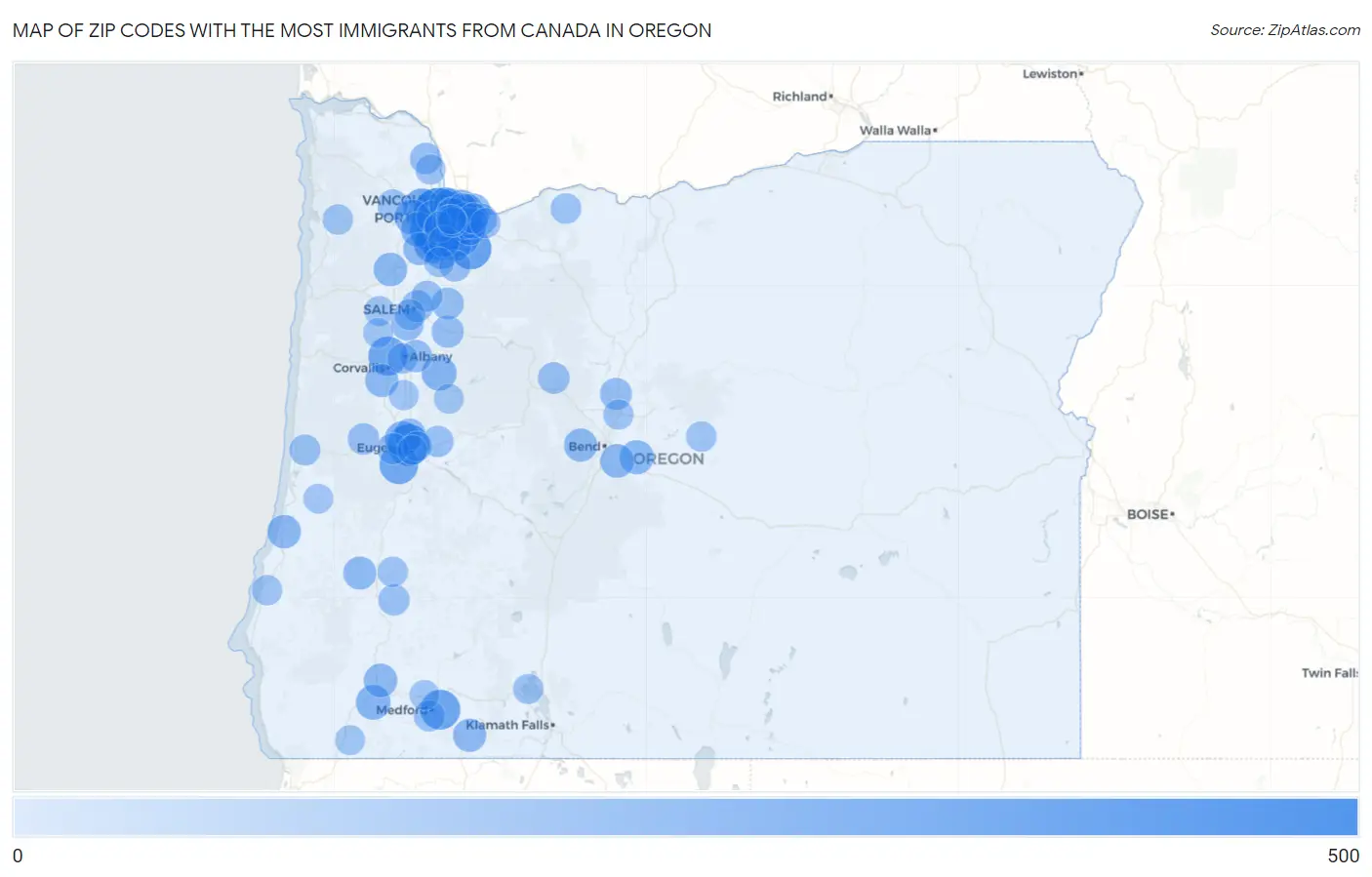 Zip Codes with the Most Immigrants from Canada in Oregon Map