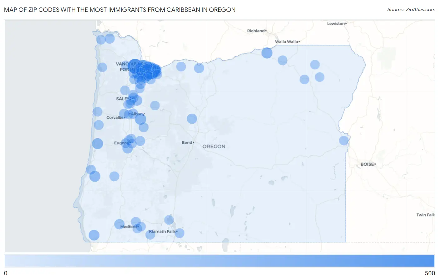 Zip Codes with the Most Immigrants from Caribbean in Oregon Map