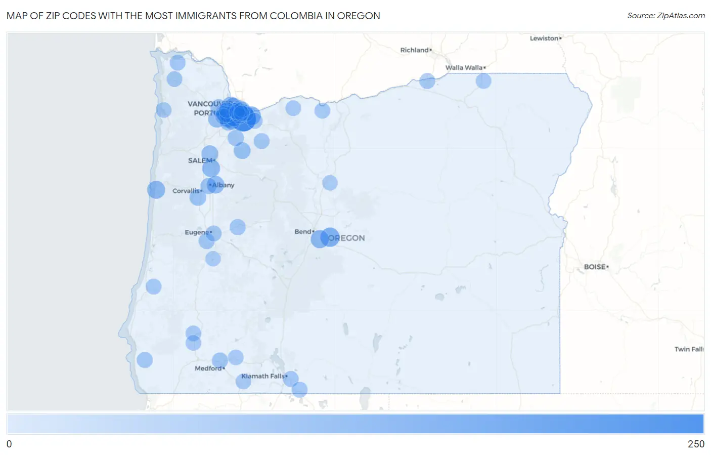 Zip Codes with the Most Immigrants from Colombia in Oregon Map