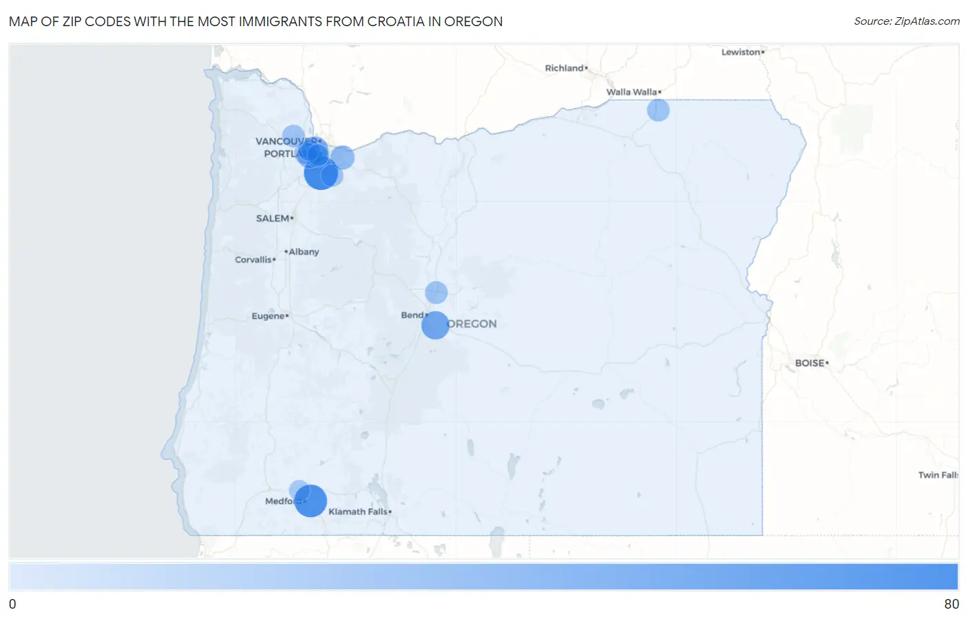 Zip Codes with the Most Immigrants from Croatia in Oregon Map