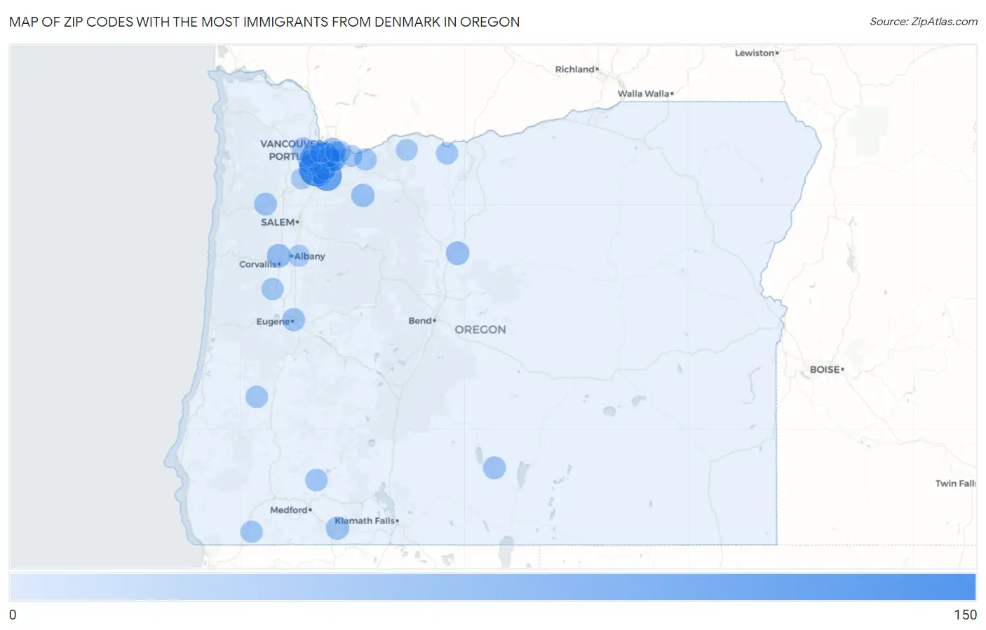Zip Codes with the Most Immigrants from Denmark in Oregon Map