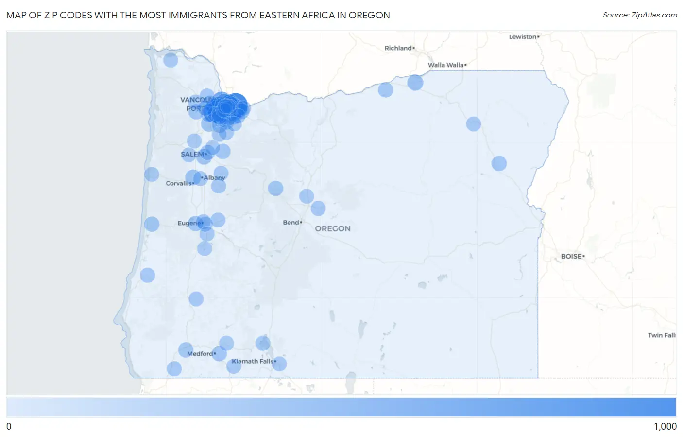 Zip Codes with the Most Immigrants from Eastern Africa in Oregon Map