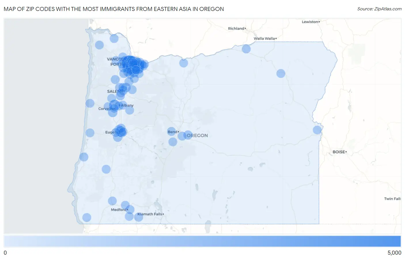 Zip Codes with the Most Immigrants from Eastern Asia in Oregon Map
