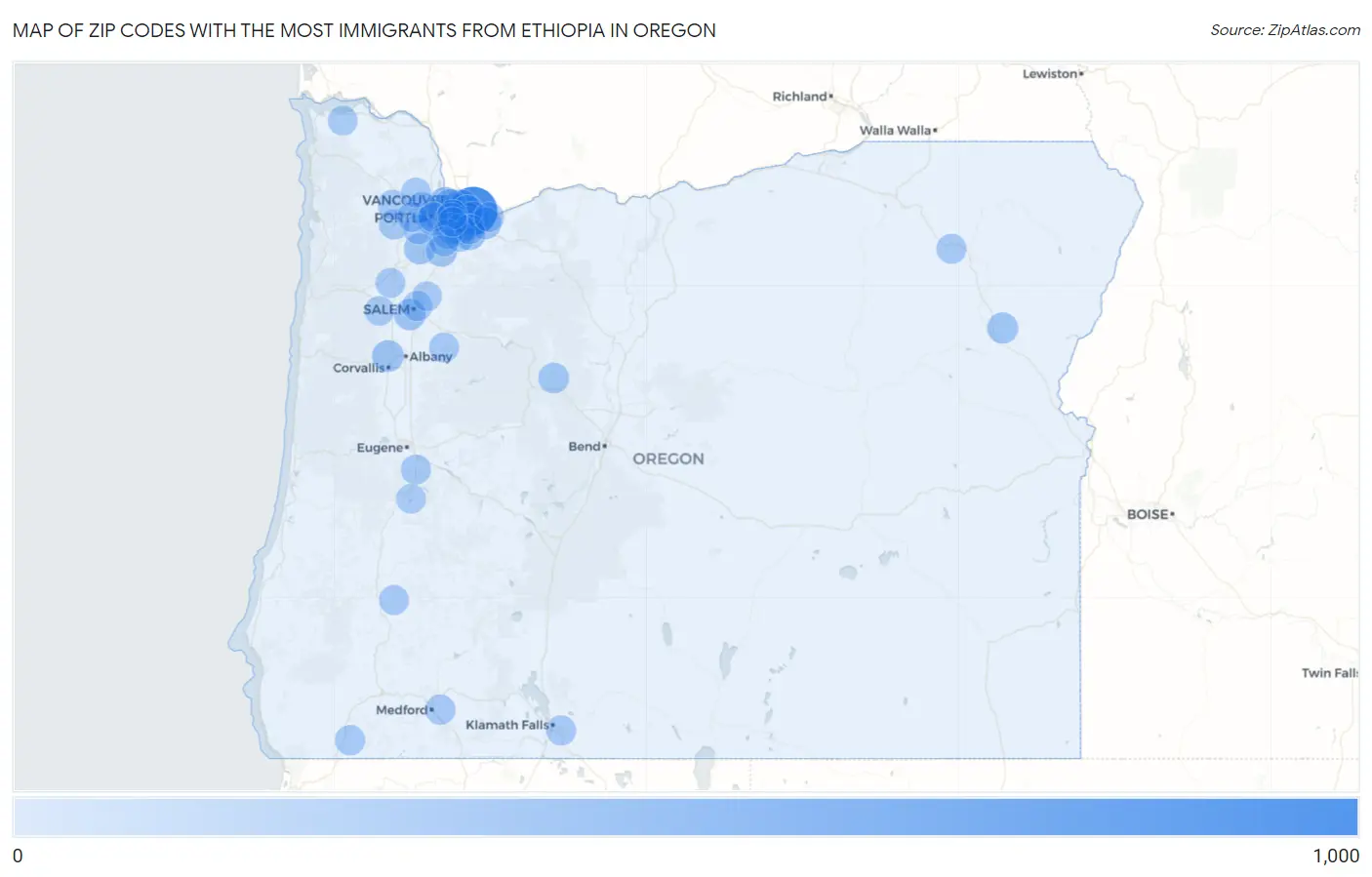 Zip Codes with the Most Immigrants from Ethiopia in Oregon Map
