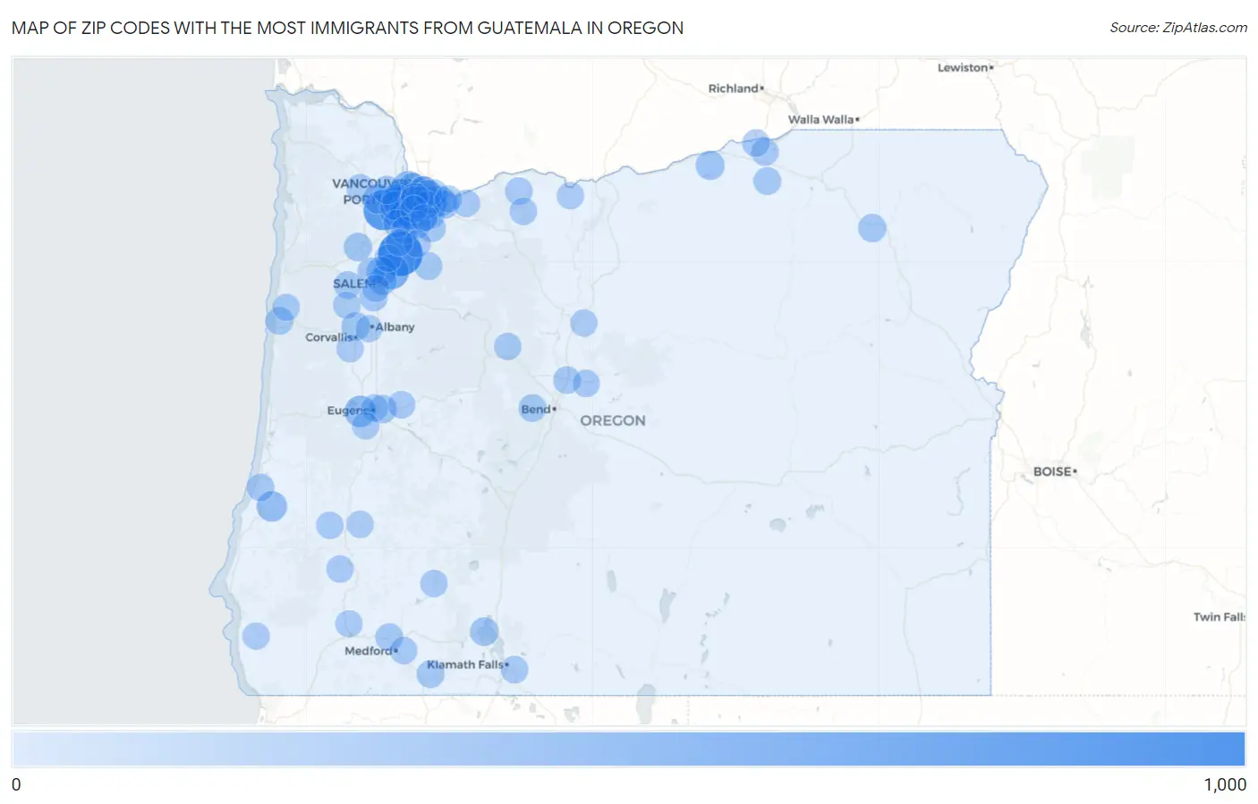 Zip Codes with the Most Immigrants from Guatemala in Oregon Map