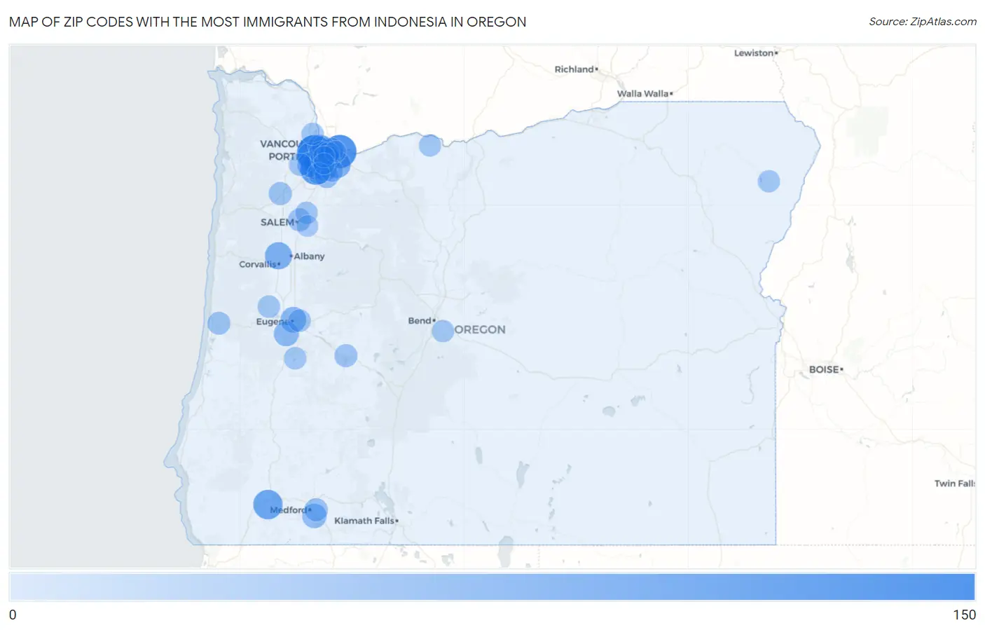 Zip Codes with the Most Immigrants from Indonesia in Oregon Map