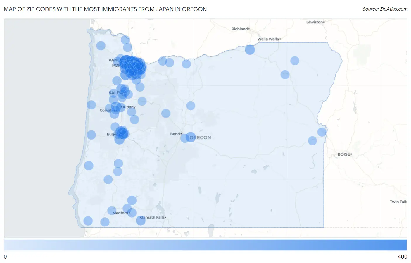 Zip Codes with the Most Immigrants from Japan in Oregon Map