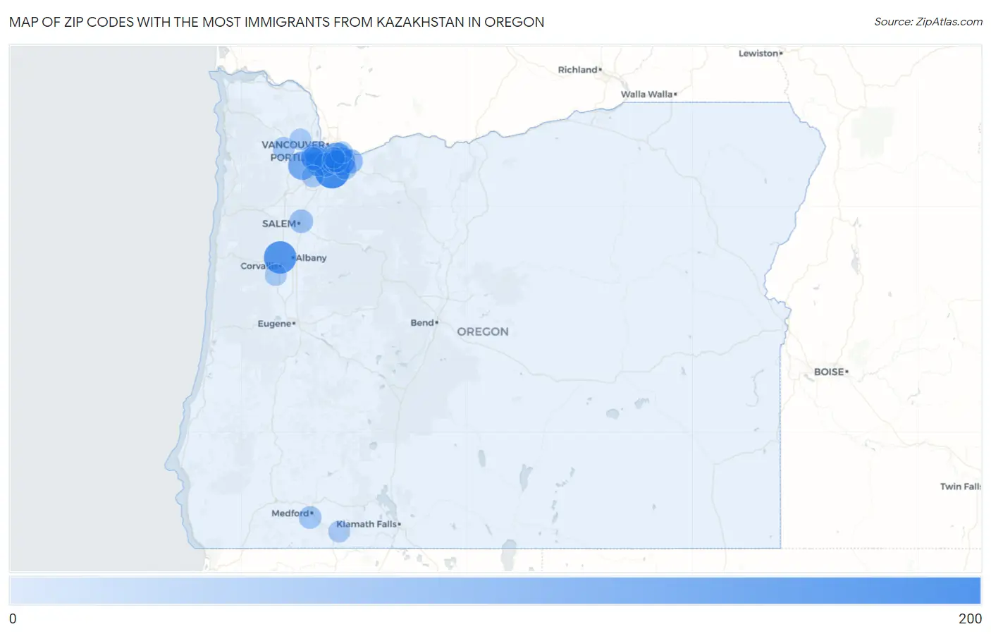 Zip Codes with the Most Immigrants from Kazakhstan in Oregon Map