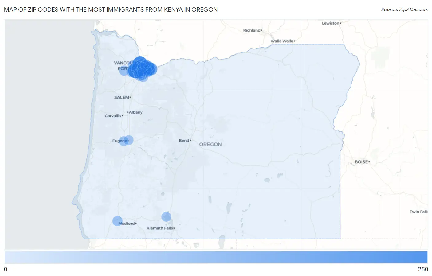 Zip Codes with the Most Immigrants from Kenya in Oregon Map