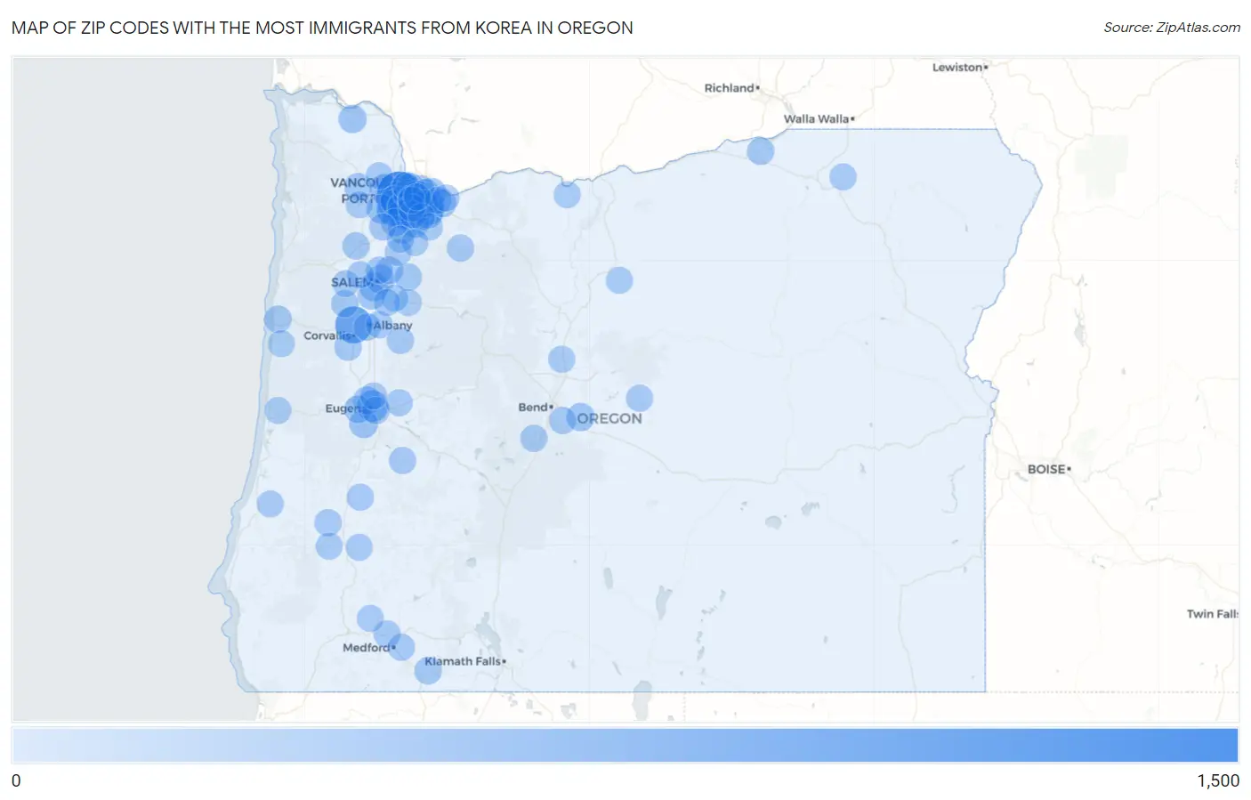 Zip Codes with the Most Immigrants from Korea in Oregon Map