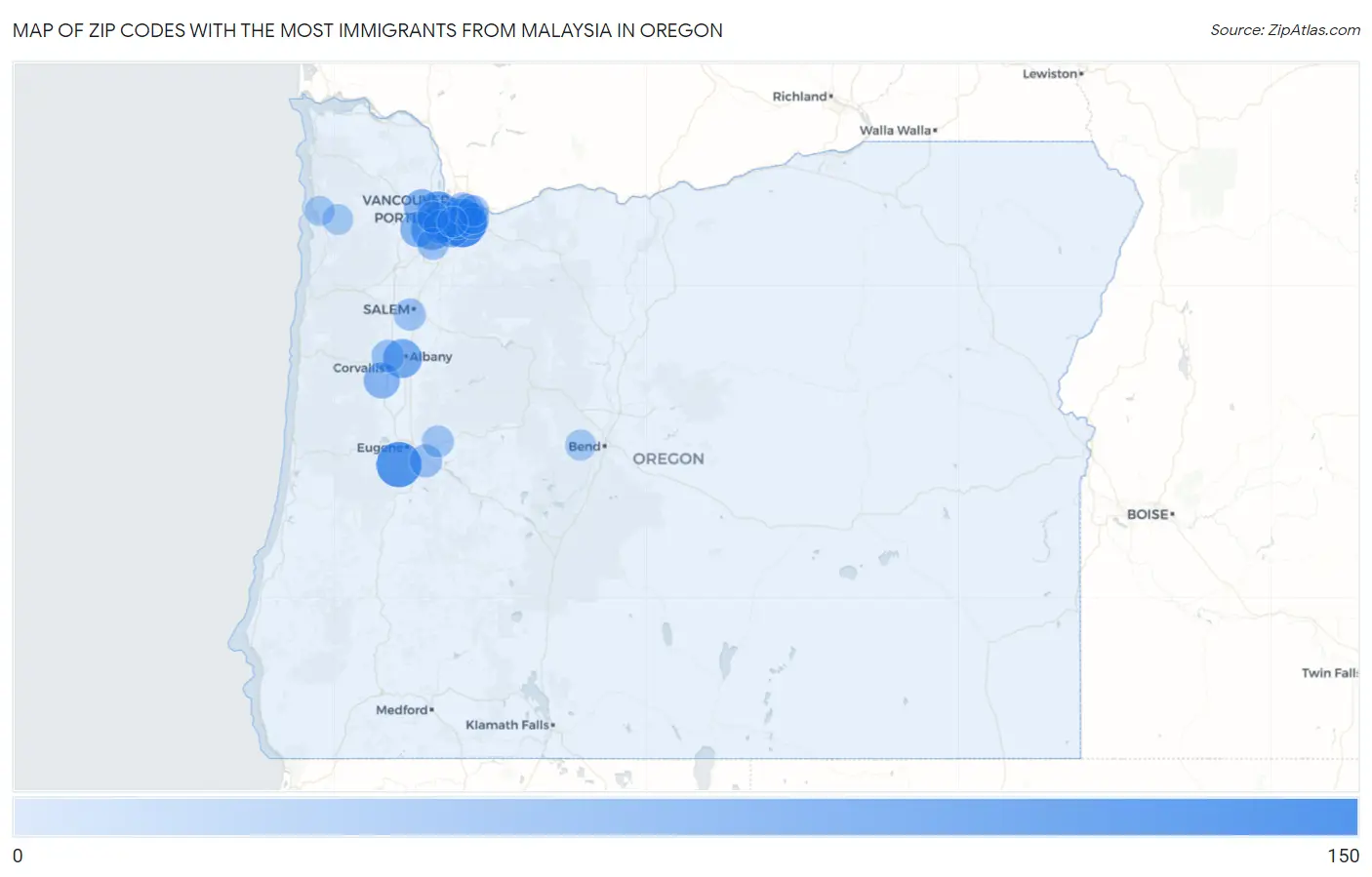 Zip Codes with the Most Immigrants from Malaysia in Oregon Map