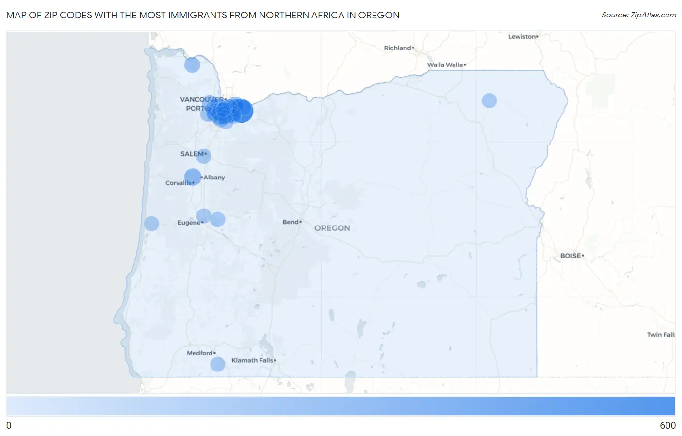 Zip Codes with the Most Immigrants from Northern Africa in Oregon Map