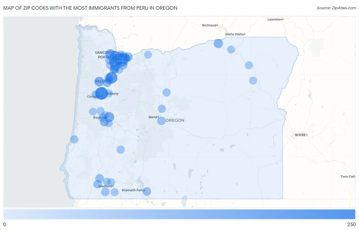Zip Codes with the Most Immigrants from Peru in Oregon Map