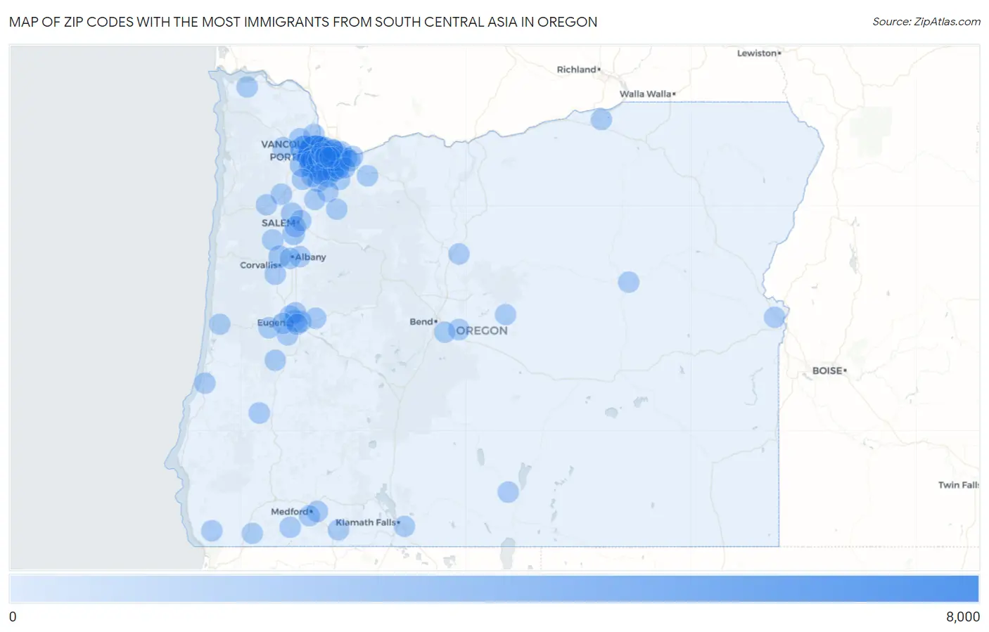 Zip Codes with the Most Immigrants from South Central Asia in Oregon Map