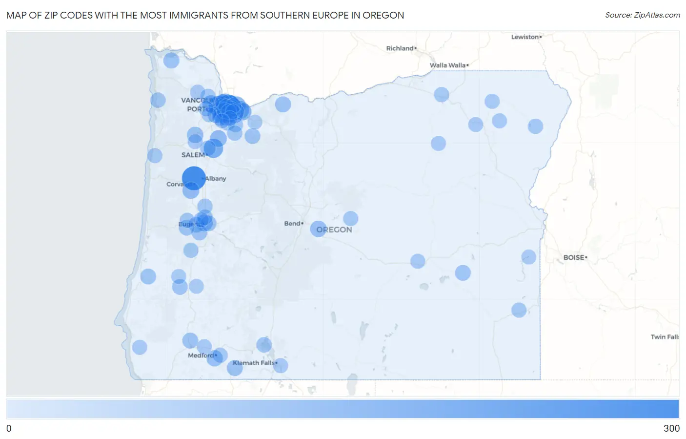 Zip Codes with the Most Immigrants from Southern Europe in Oregon Map