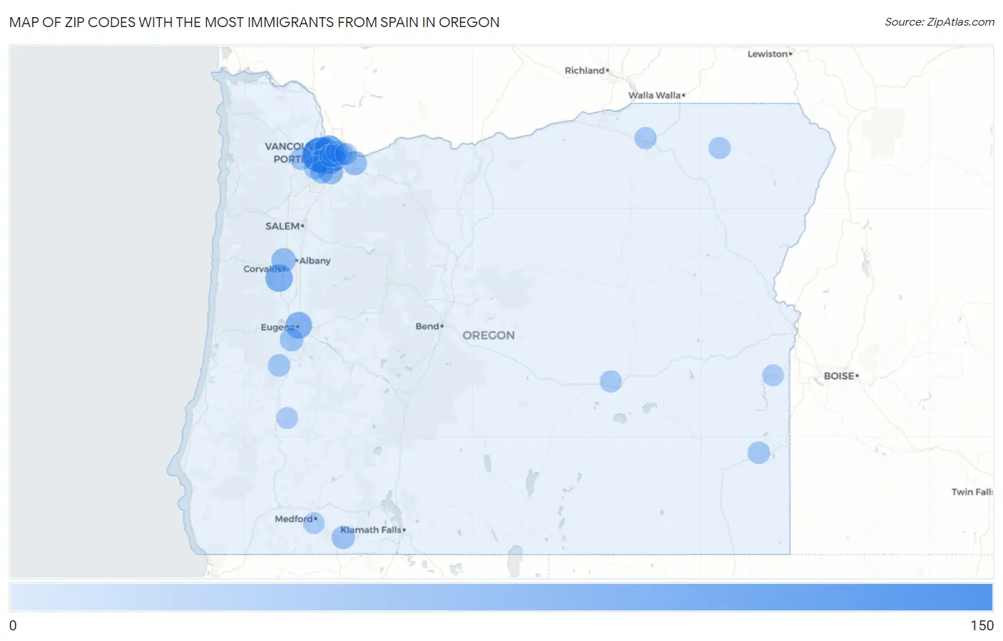 Zip Codes with the Most Immigrants from Spain in Oregon Map