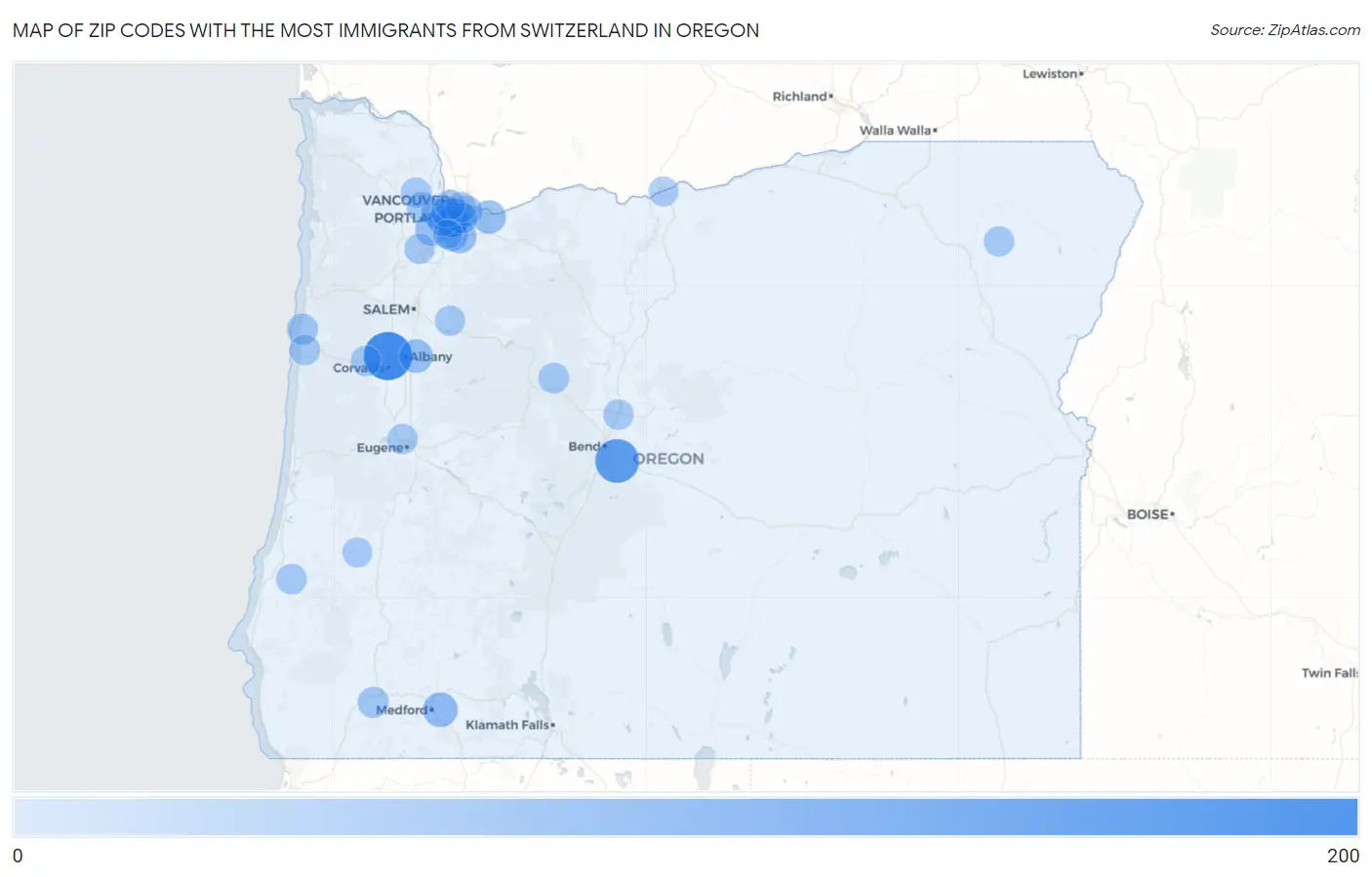 Zip Codes with the Most Immigrants from Switzerland in Oregon Map