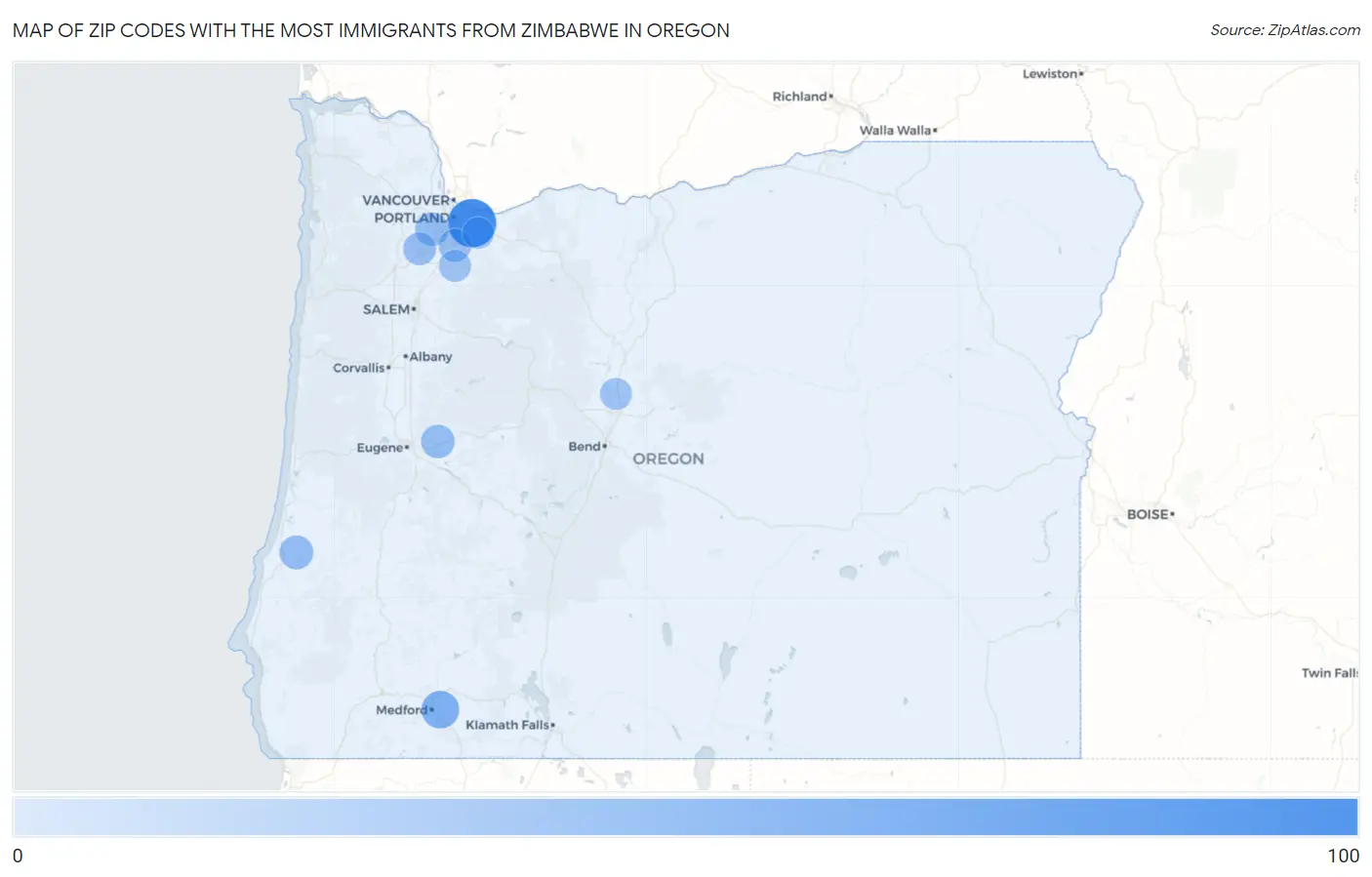 Zip Codes with the Most Immigrants from Zimbabwe in Oregon Map