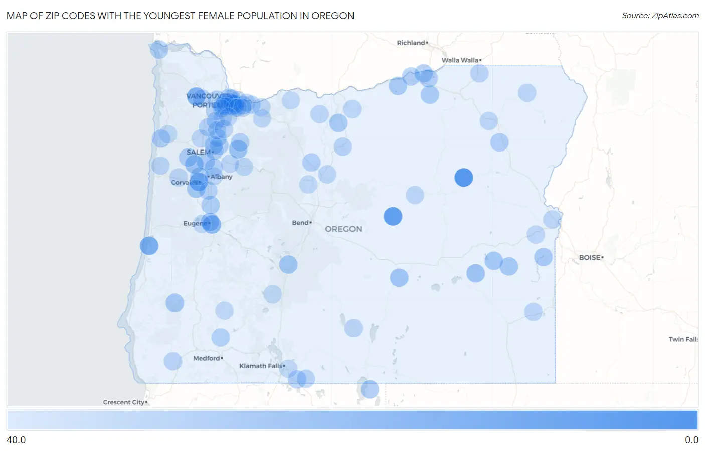 Zip Codes with the Youngest Female Population in Oregon Map