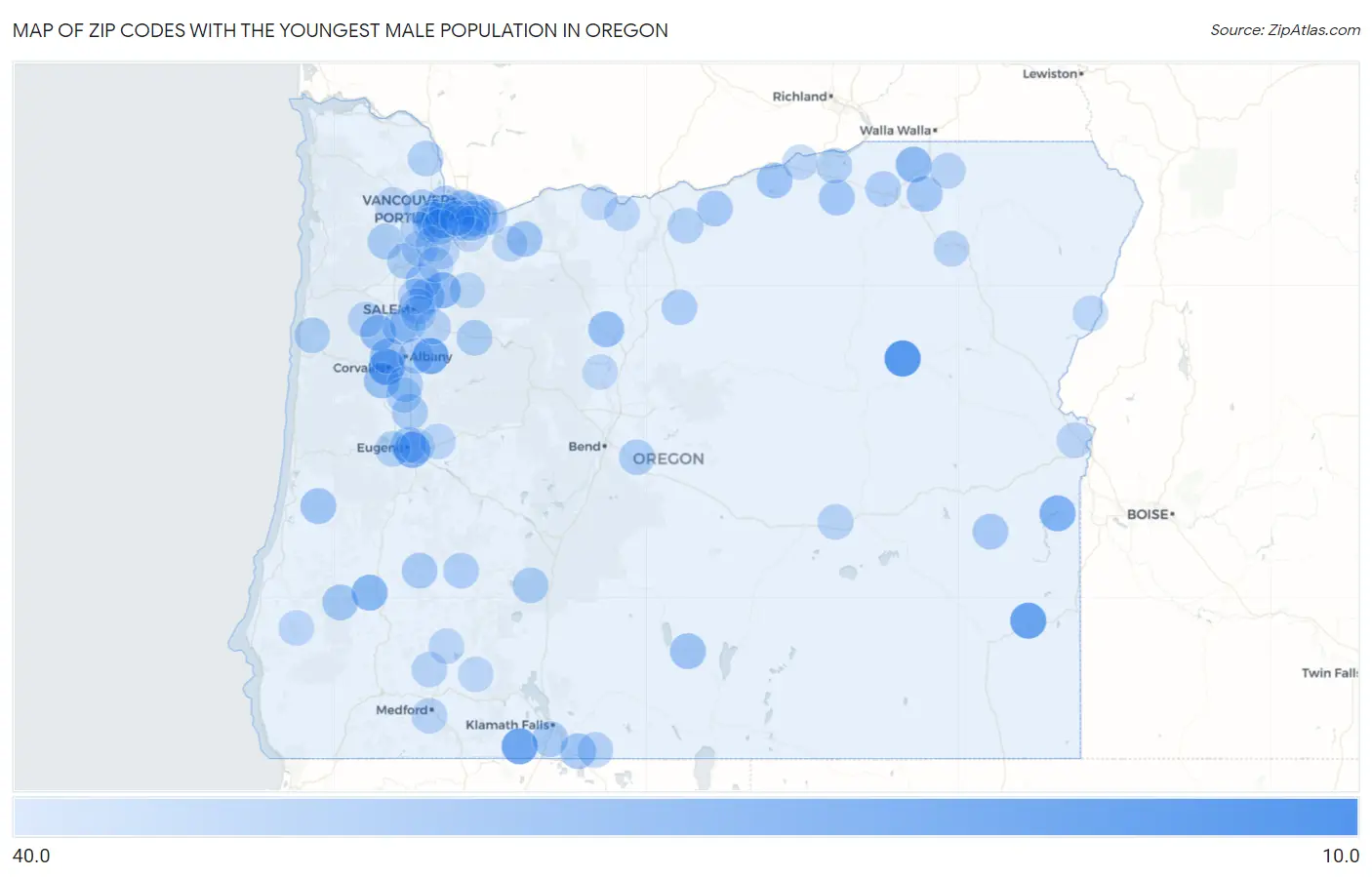 Zip Codes with the Youngest Male Population in Oregon Map