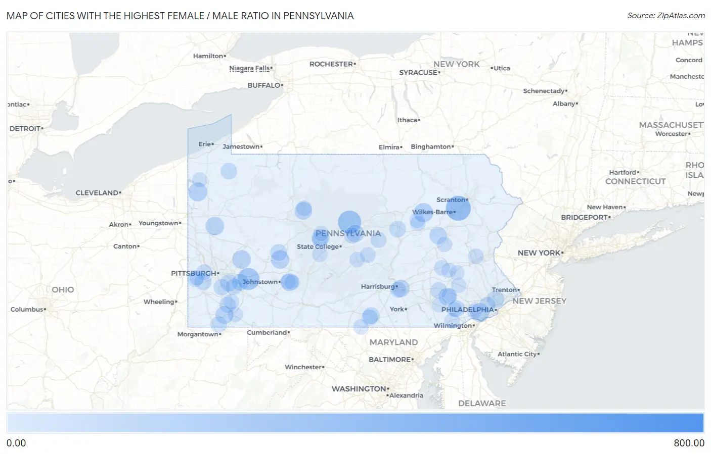 Cities with the Highest Female / Male Ratio in Pennsylvania Map