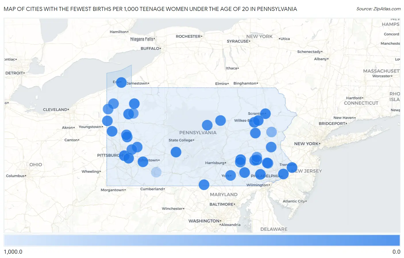 Cities with the Fewest Births per 1,000 Teenage Women Under the Age of 20 in Pennsylvania Map