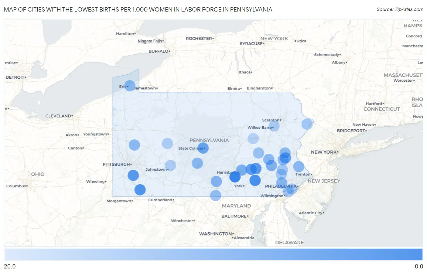 Cities with the Lowest Births per 1,000 Women in Labor Force in Pennsylvania Map