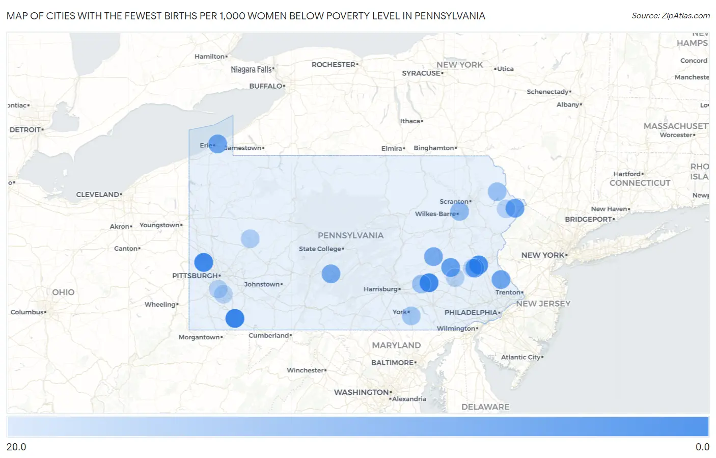 Cities with the Fewest Births per 1,000 Women Below Poverty Level in Pennsylvania Map