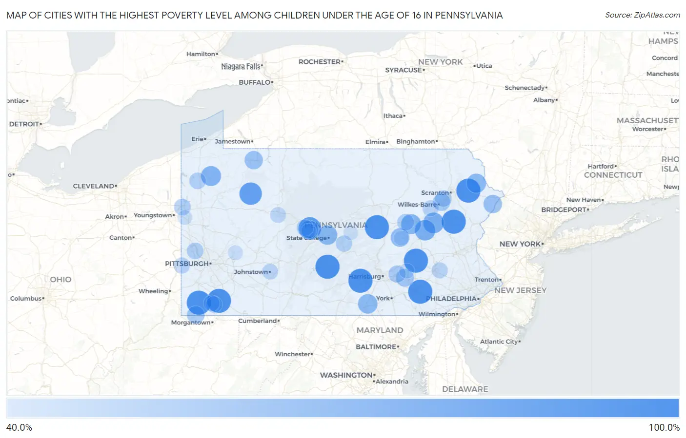 Cities with the Highest Poverty Level Among Children Under the Age of 16 in Pennsylvania Map