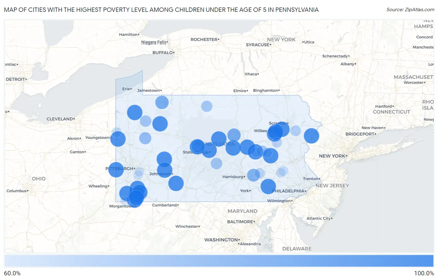 Cities with the Highest Poverty Level Among Children Under the Age of 5 in Pennsylvania Map