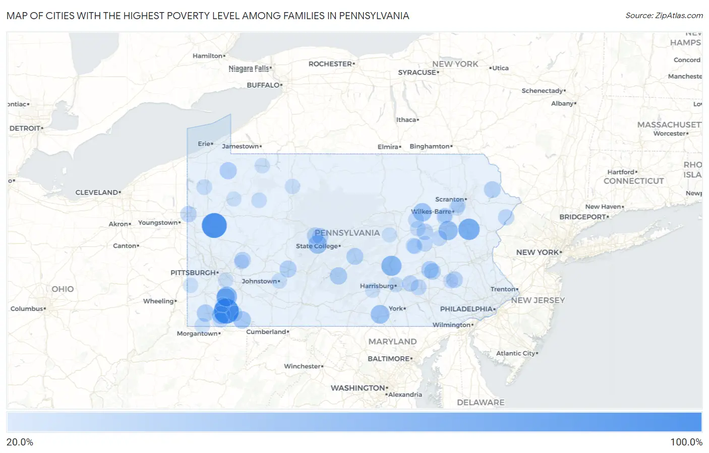 Cities with the Highest Poverty Level Among Families in Pennsylvania Map