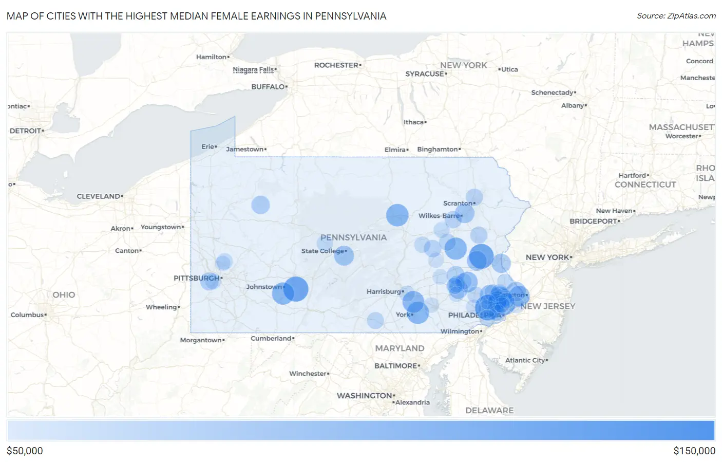 Cities with the Highest Median Female Earnings in Pennsylvania Map