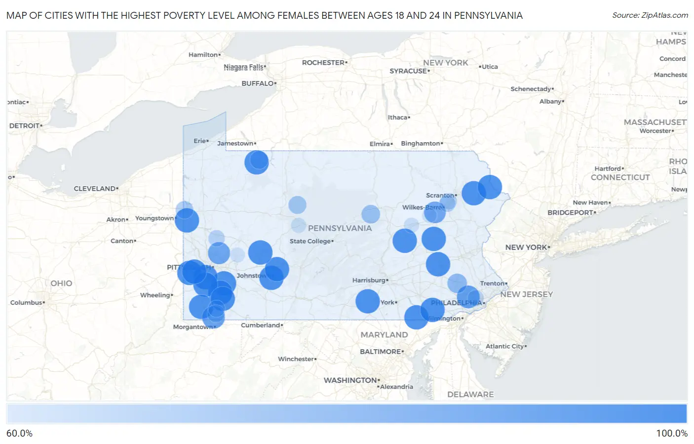 Cities with the Highest Poverty Level Among Females Between Ages 18 and 24 in Pennsylvania Map