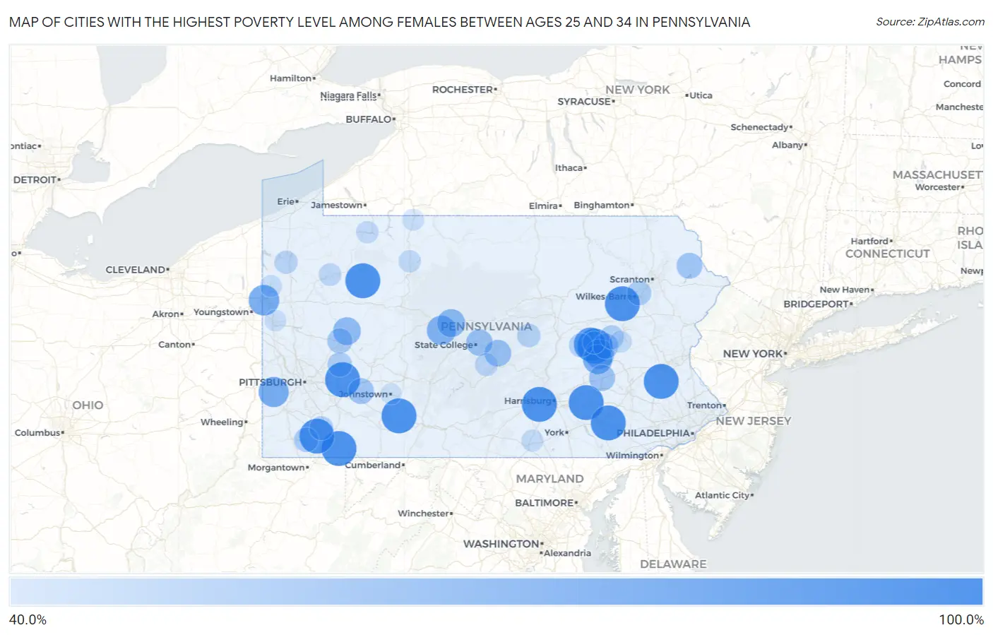 Cities with the Highest Poverty Level Among Females Between Ages 25 and 34 in Pennsylvania Map