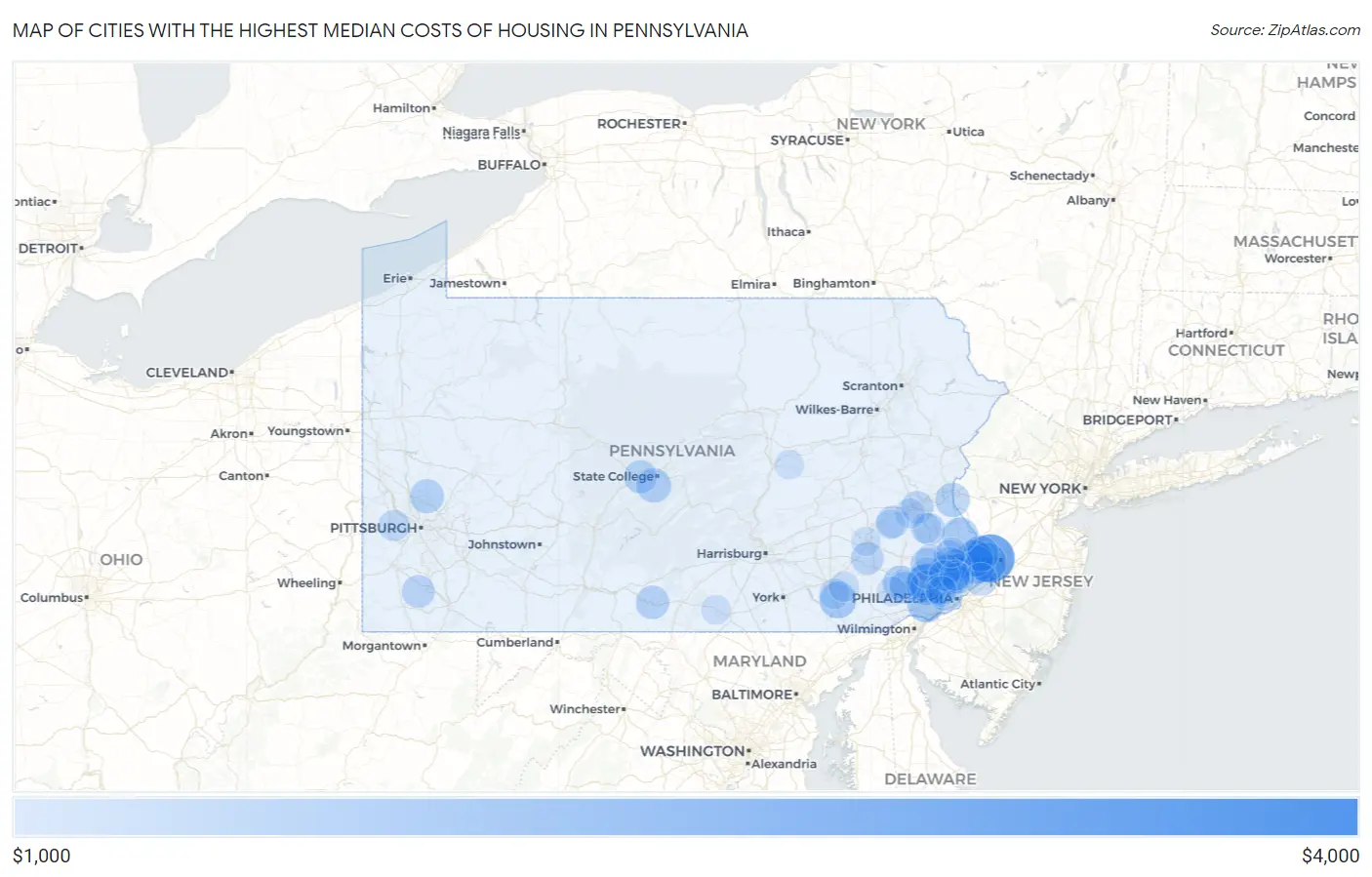 Cities with the Highest Median Costs of Housing in Pennsylvania Map