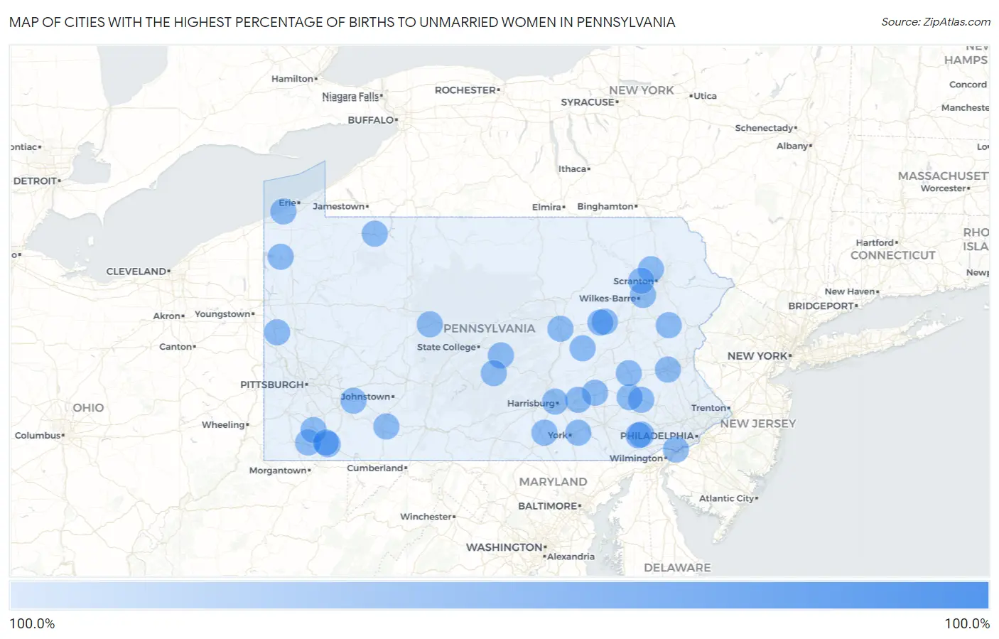 Cities with the Highest Percentage of Births to Unmarried Women in Pennsylvania Map