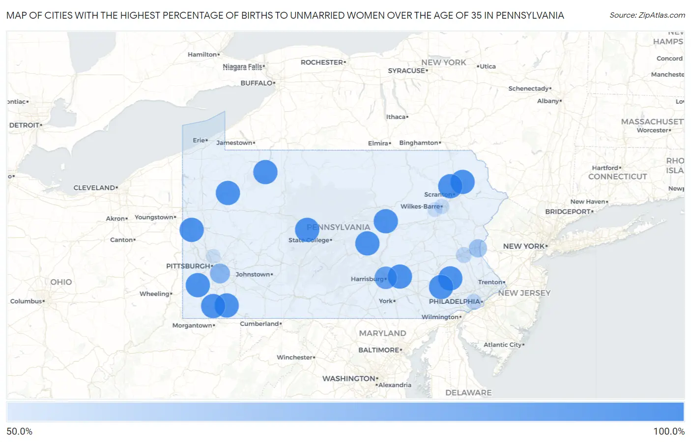 Cities with the Highest Percentage of Births to Unmarried Women over the Age of 35 in Pennsylvania Map