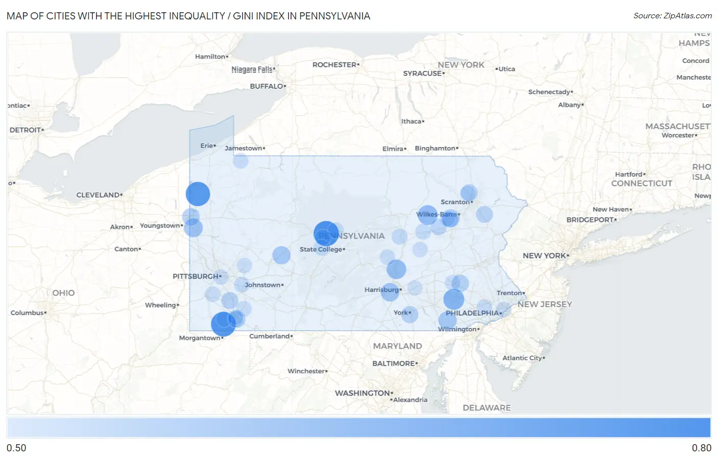 Cities with the Highest Inequality / Gini Index in Pennsylvania Map
