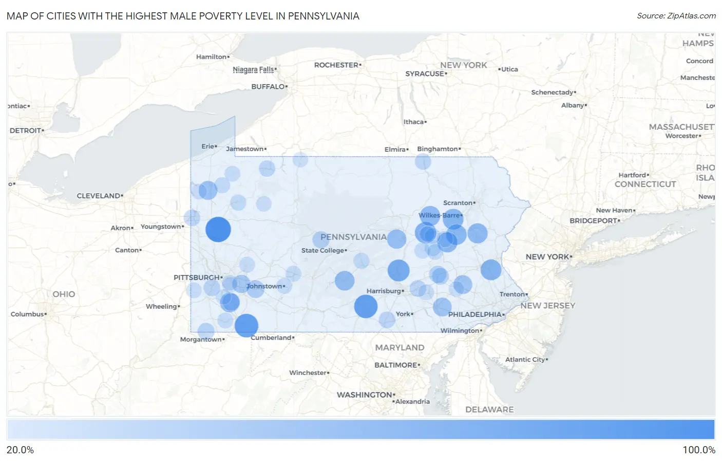 Cities with the Highest Male Poverty Level in Pennsylvania Map