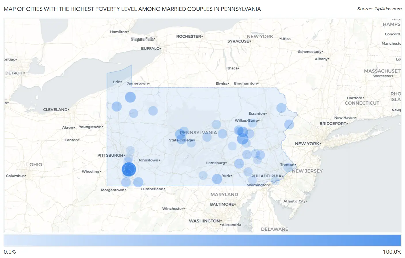 Cities with the Highest Poverty Level Among Married Couples in Pennsylvania Map