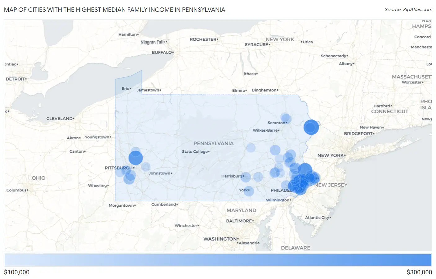 Cities with the Highest Median Family Income in Pennsylvania Map