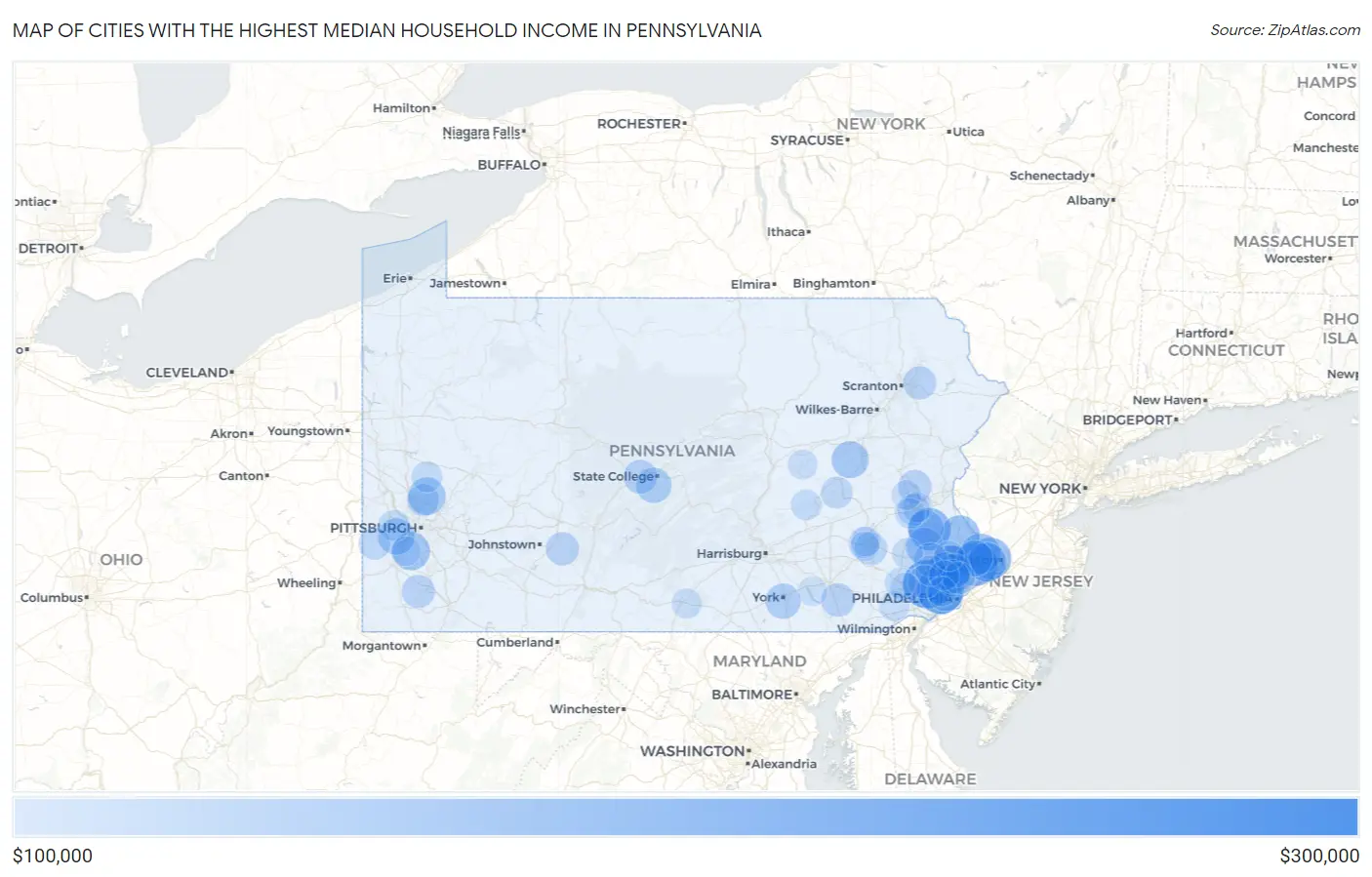Cities with the Highest Median Household Income in Pennsylvania Map