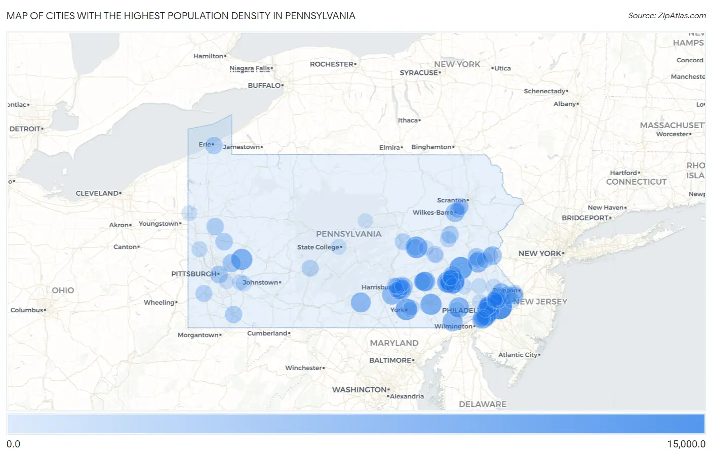 Cities with the Highest Population Density in Pennsylvania Map