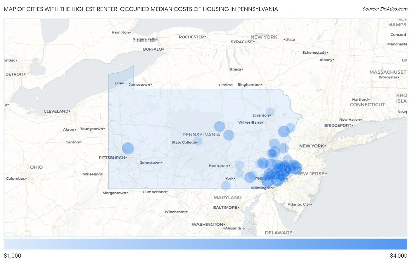 Cities with the Highest Renter-Occupied Median Costs of Housing in Pennsylvania Map