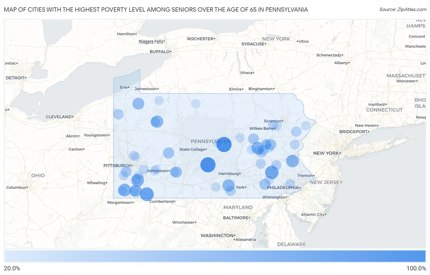 Cities with the Highest Poverty Level Among Seniors Over the Age of 65 in Pennsylvania Map